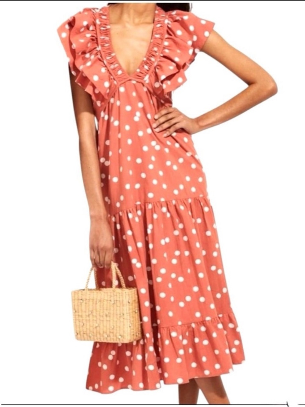 Roller Rabbit Terracotta white polka dot midi dress with ruffle detail M